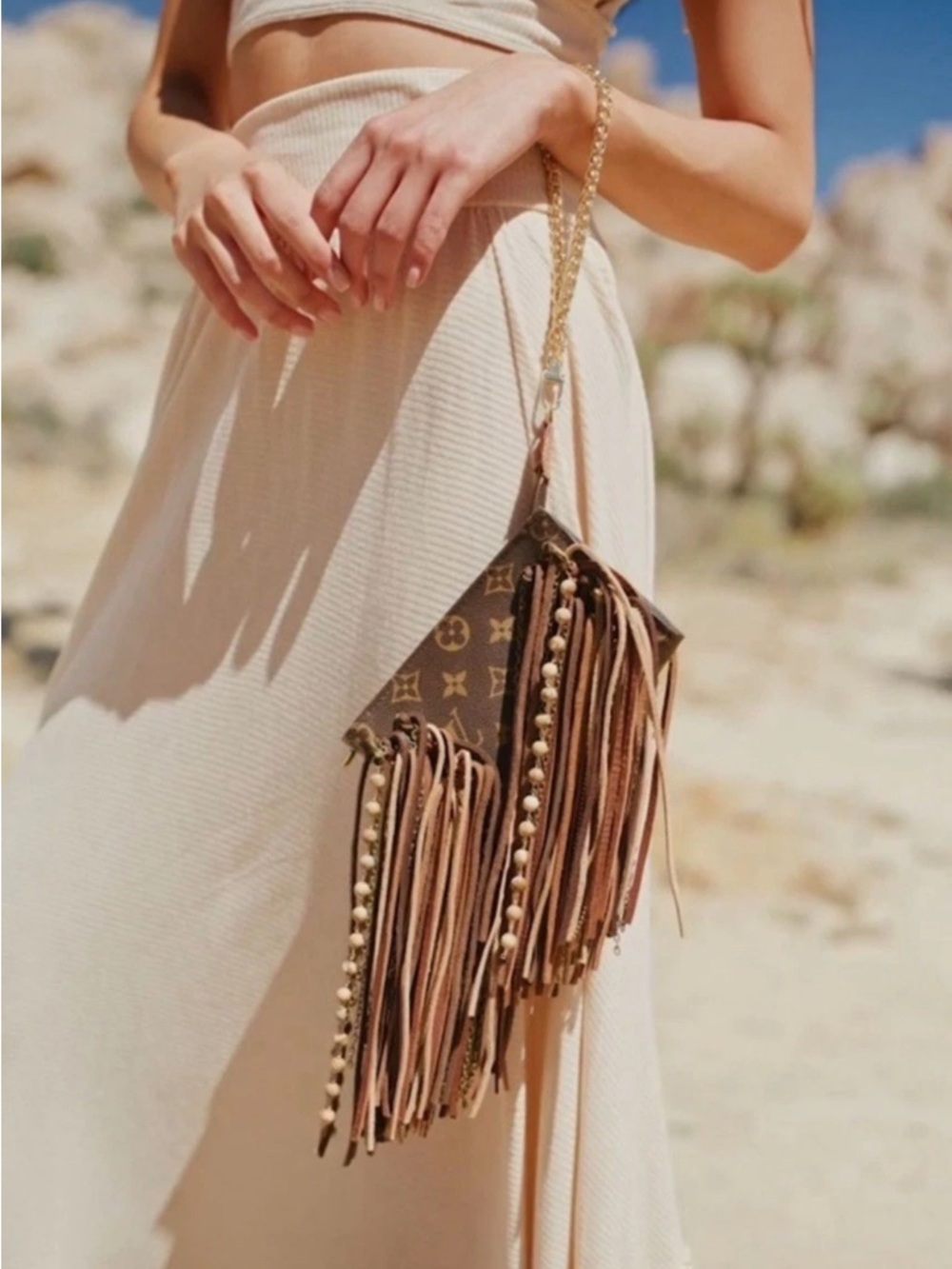 Vintage Boho Louis Vuitton Fringed Wristlet Pouch - Brown Multitone